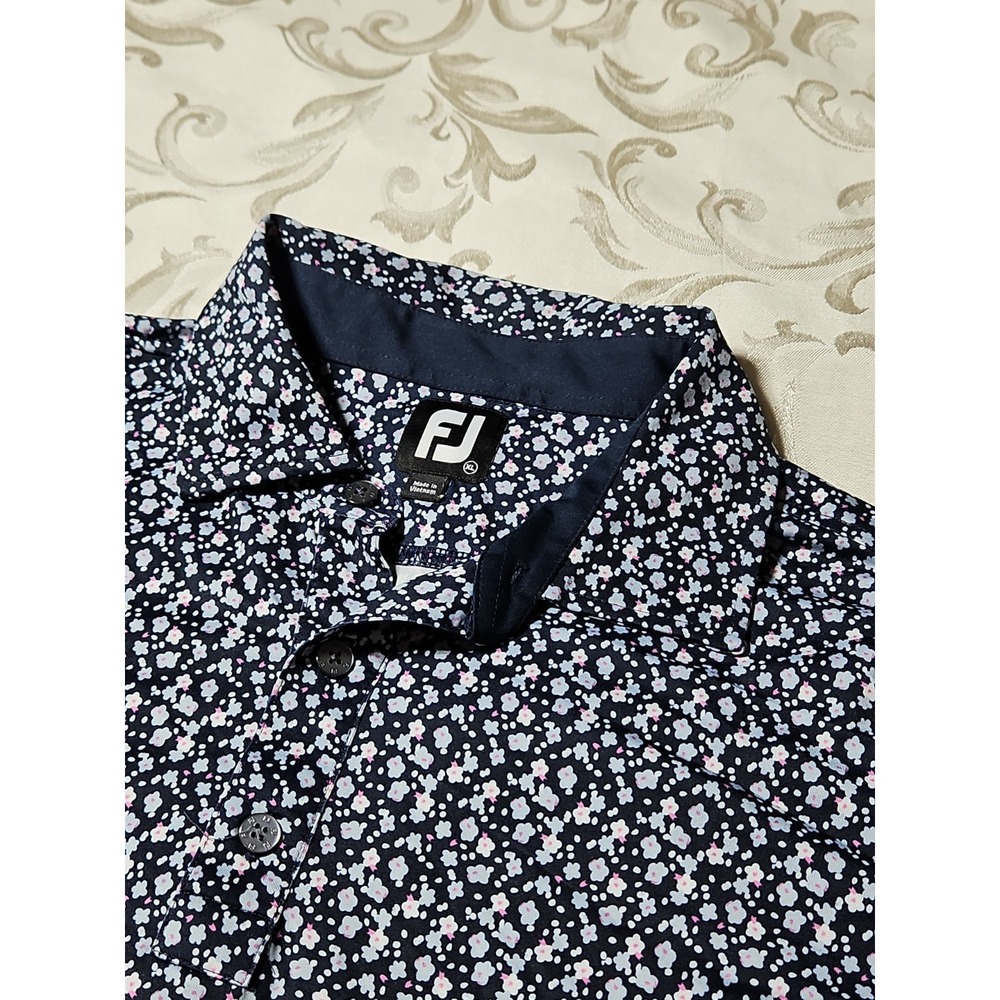 FootJoy Golf Polo Shirt Floral AOP Navy Blue Flowers Short Sleeve XL Excellent